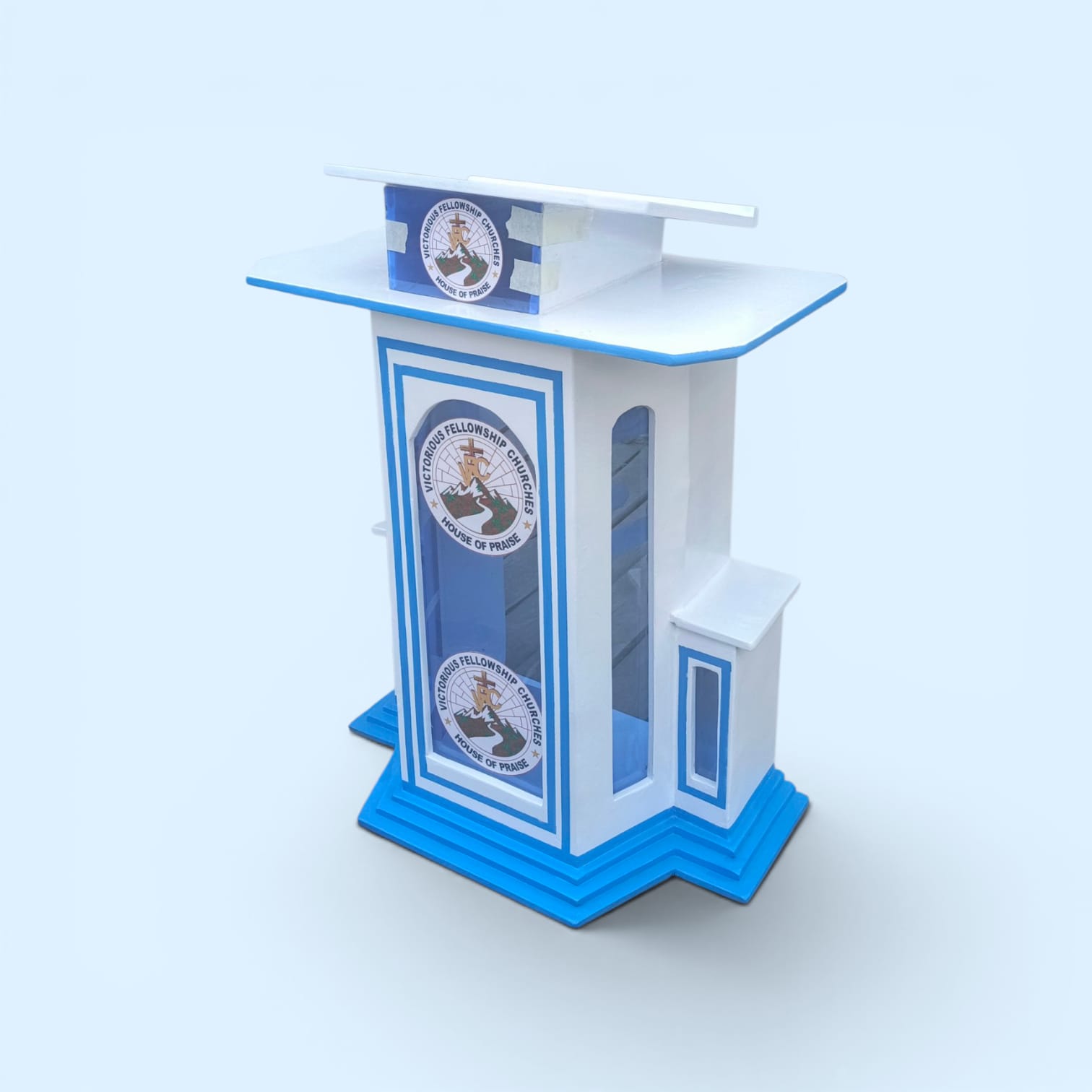 White and Blue Wooden Church Pulpit with Acrylic Panels